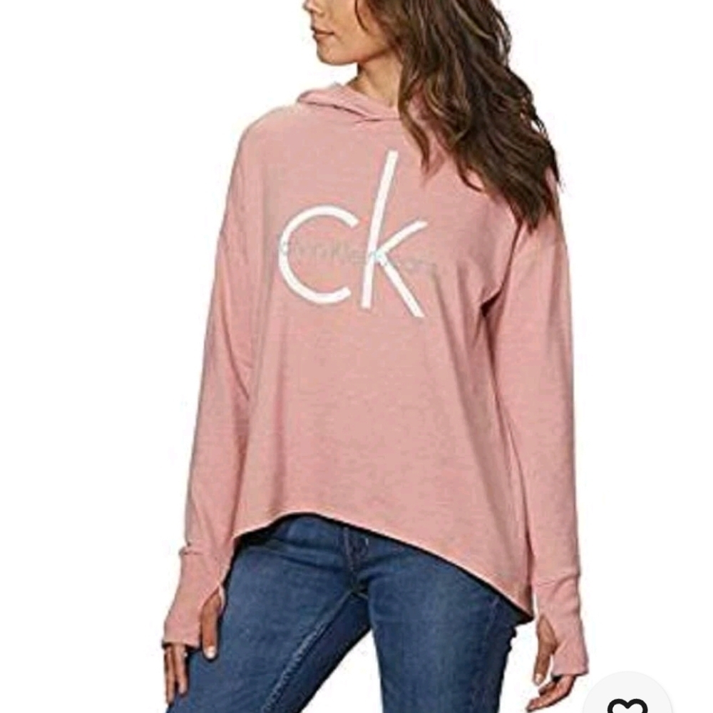 Calvin Klein Jeans Bubblegum Pink Pullover Crop Hooded Sweatshirt Thumb Holes S